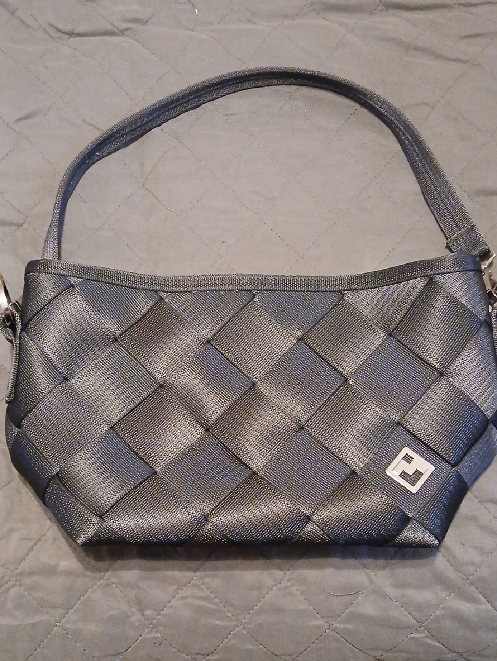 Seat Belt Purse, Woven Metallic Gray Shoulder Bag with Logo Accent